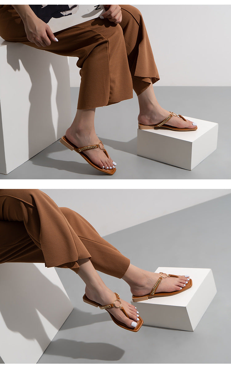 Fashion Chain Round Buckle Flip Flops Womens Low Heels Sandals