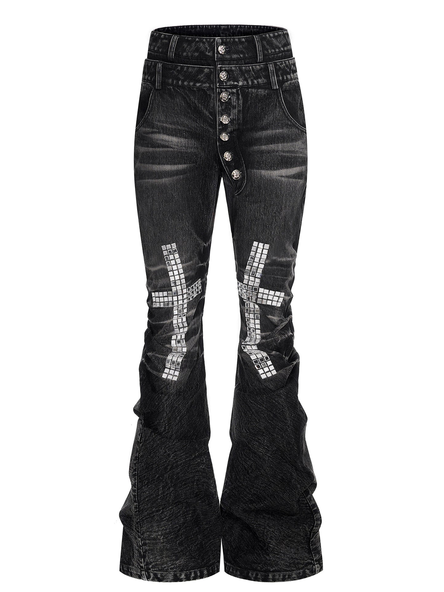 Mens Cross-Design Rhinestone-Embellished Double-Waist Button Denim Jeans