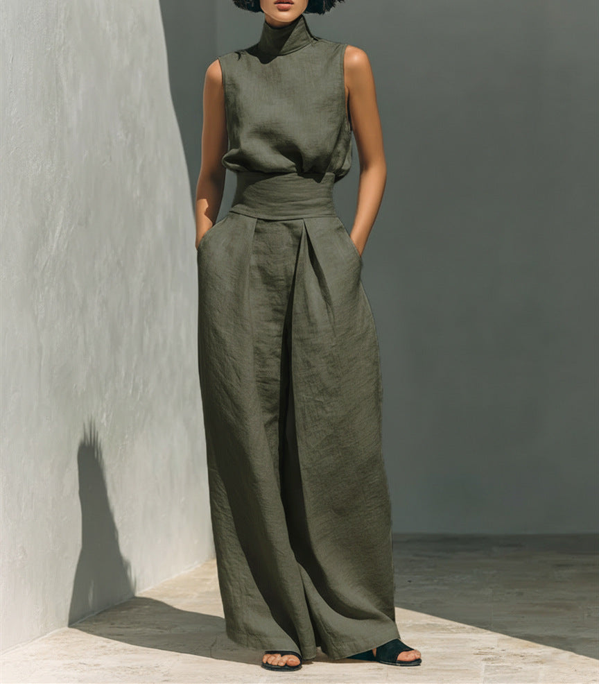 Casual Sleeveless Suit Summer Stand-up Collar Pullover Top And Loose Straight-leg Trousers Women's Clothing